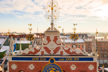 January 5, 2019. Riga, Latvia. City Hall Square with House of the Blackheads and Saint Roland...