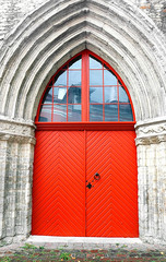 Door on the Catherine church on Catherine Lane (135 m) in the historic district of Old Town, Tallinn, Estonia