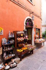 Grocery in an old town alley, fishing village Portovenere, Cinque Terre, Levante, Italian Riviera,...