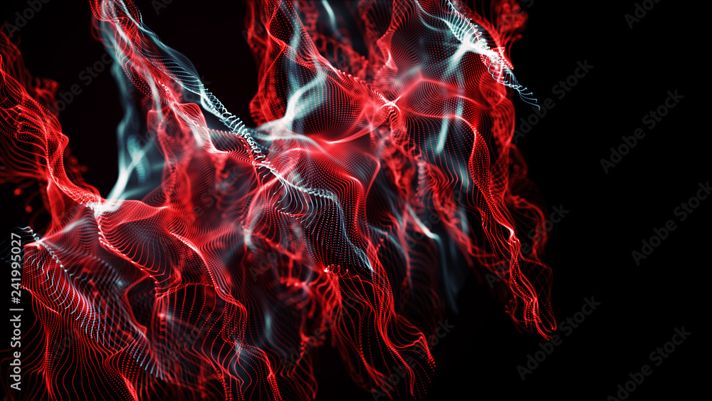 Poster futuristic dots pattern. explosion of twisted waves on a dark background. dynamic particles sound wa