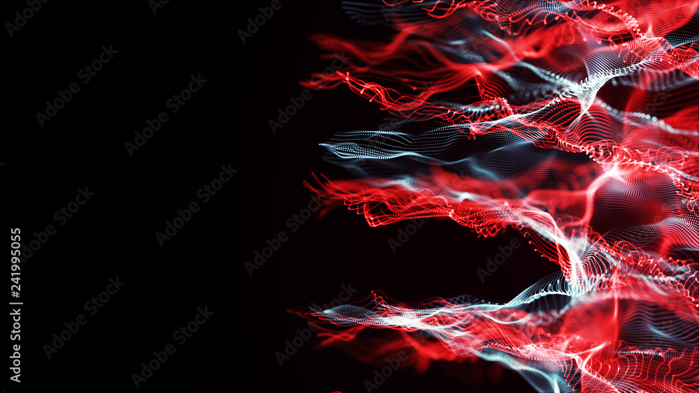 Poster futuristic dots pattern. explosion of twisted waves on a dark background. dynamic particles sound wa