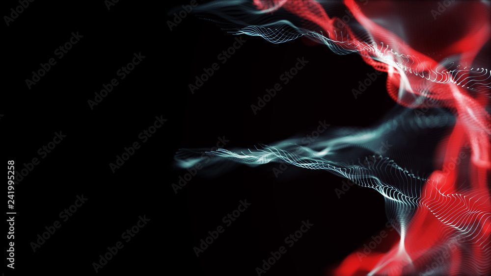 Poster futuristic dots pattern. explosion of twisted waves on a dark background. dynamic particles sound wa