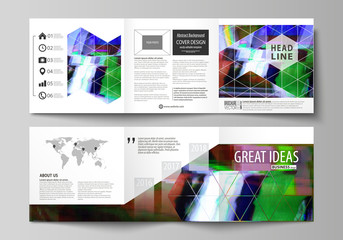Business templates for tri fold square design brochures. Leaflet cover, abstract vector layout. Glitched background made of colorful pixel mosaic. Digital decay, signal error, television fail.