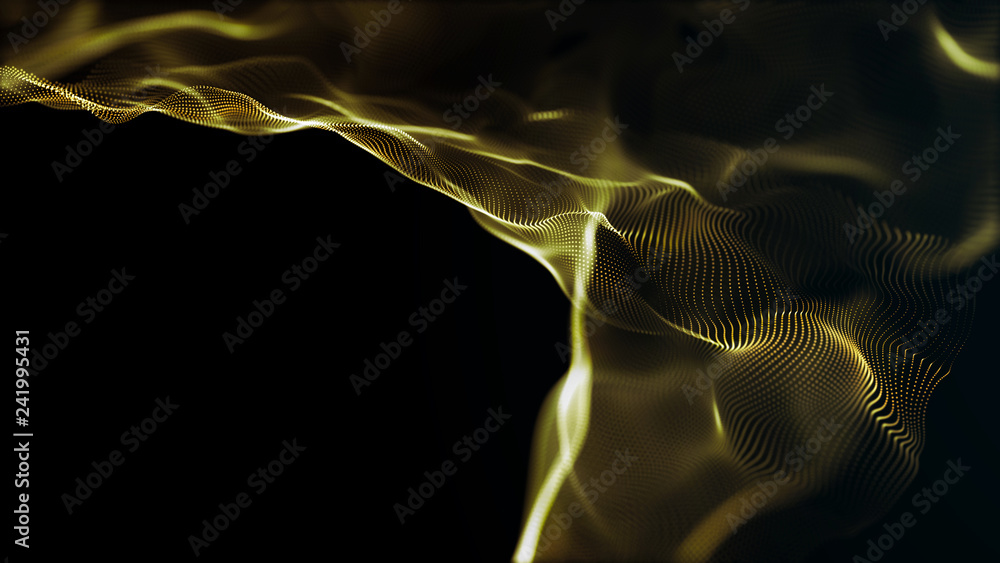 Poster futuristic dots pattern. explosion of twisted waves on a dark background. dynamic particles sound wa
