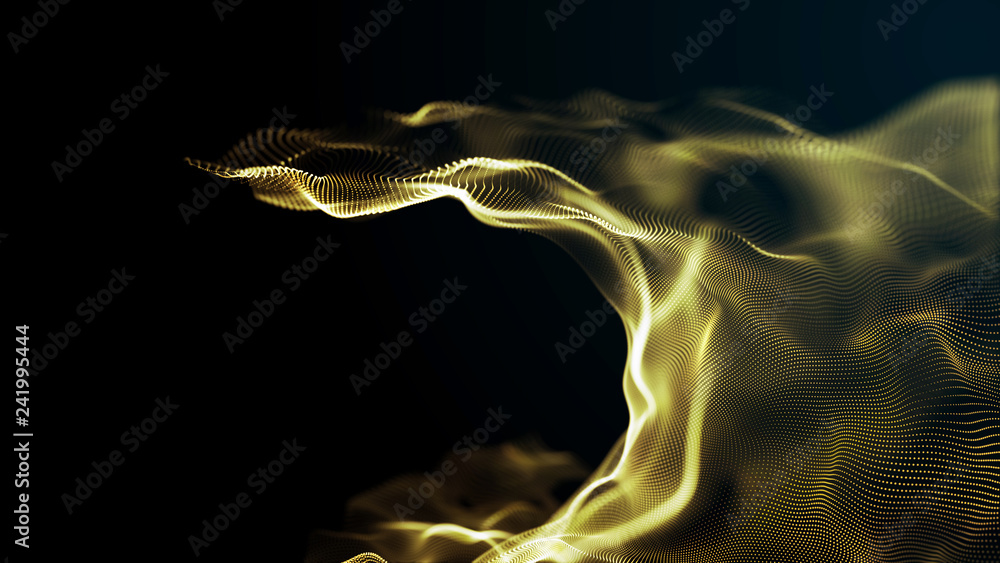 Poster futuristic dots pattern. explosion of twisted waves on a dark background. dynamic particles sound wa