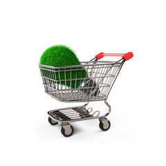 Light bulb with green grass on shopping cart, concept of ECO and green energy, isolated on white background, 3D illustration.