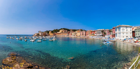 Baia di Silenzio beach, Sestri Levante, Cinque Terre, Genoa province, Liguria, Italy, Europe, July...