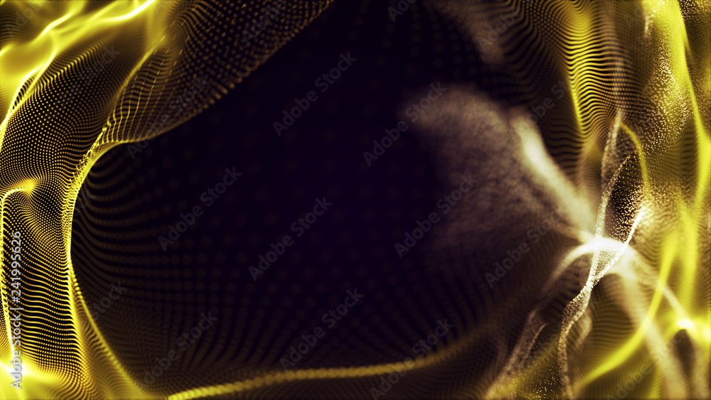Poster futuristic dots pattern. explosion of twisted waves on a dark background. dynamic particles sound wa