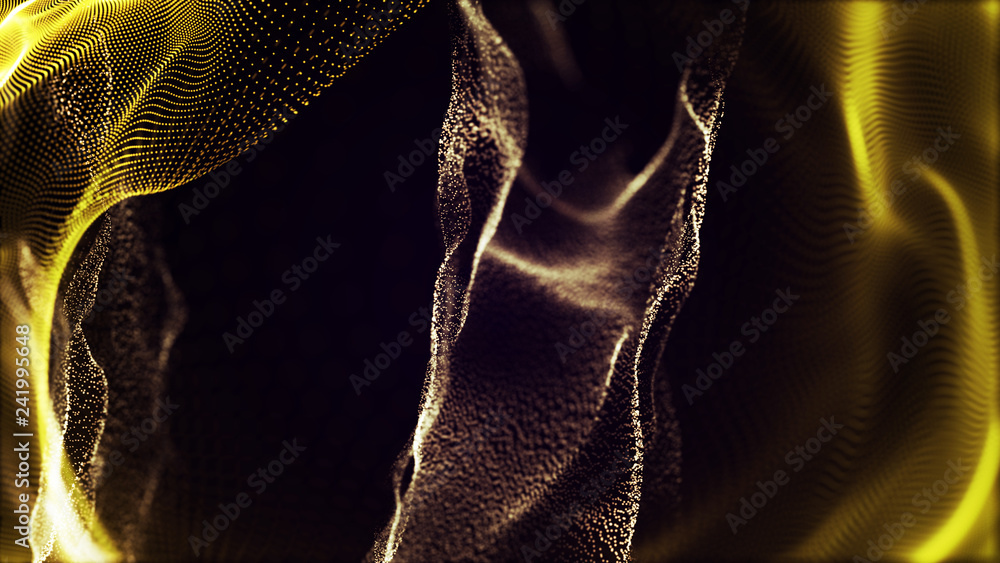 Poster futuristic dots pattern. explosion of twisted waves on a dark background. dynamic particles sound wa
