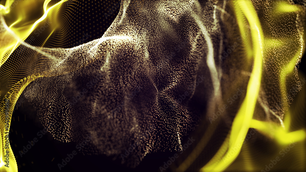 Poster futuristic dots pattern. explosion of twisted waves on a dark background. dynamic particles sound wa