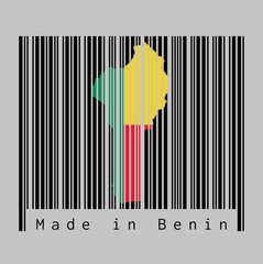 the color of Benin flag on black barcode with grey background.