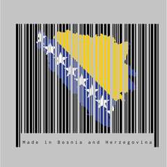 Barcode set the shape to Bosnia map outline and the color of Bosnia flag on black barcode with grey background.