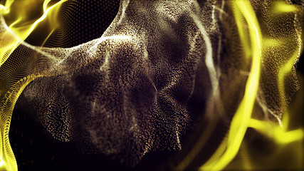 Futuristic dots pattern. Explosion of twisted waves on a dark background. Dynamic particles sound wave flowing over dark. Big data. 3d rendering.