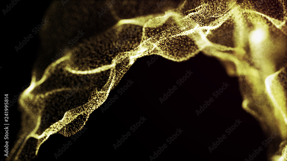 Poster futuristic dots pattern. explosion of twisted waves on a dark background. dynamic particles sound wa