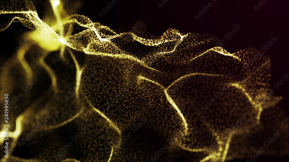 Poster futuristic dots pattern. explosion of twisted waves on a dark background. dynamic particles sound wa