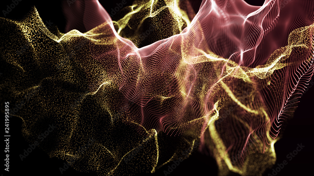 Poster futuristic dots pattern. explosion of twisted waves on a dark background. dynamic particles sound wa