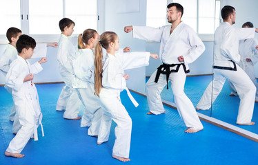 Obraz na płótnie Canvas Children trying martial moves in karate class
