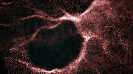 Futuristic dots pattern. Explosion of twisted waves on a dark background. Dynamic particles sound wave flowing over dark. Big data. 3d rendering.