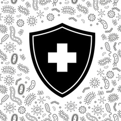 black and white hygienic shield protecting from virus, germs and bacteria. Flat style vector illustration. 
