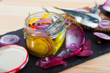 Fototapeta na wymiar Homemade pickled anchovies