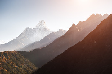 View of Mount Ama Dablam at sunrise in Himalayas, Nepal. Everest Base Camp trek.