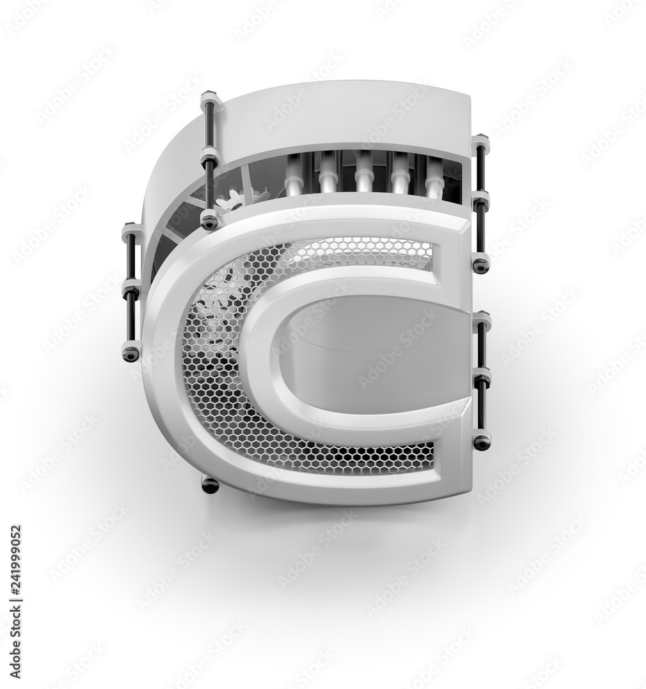 Poster capital c of alphabet. orthographic view at designed in techno-style letter 'c' assemled from mechan