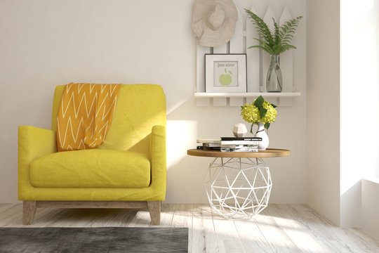 White modern room with yellow armchair. Scandinavian interior design. 3D illustration