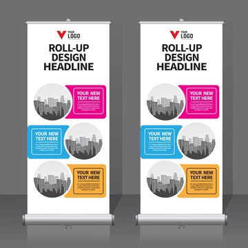 Roll up banner design template, vertical, abstract background, pull up design, modern x-banner, rectangle size. 