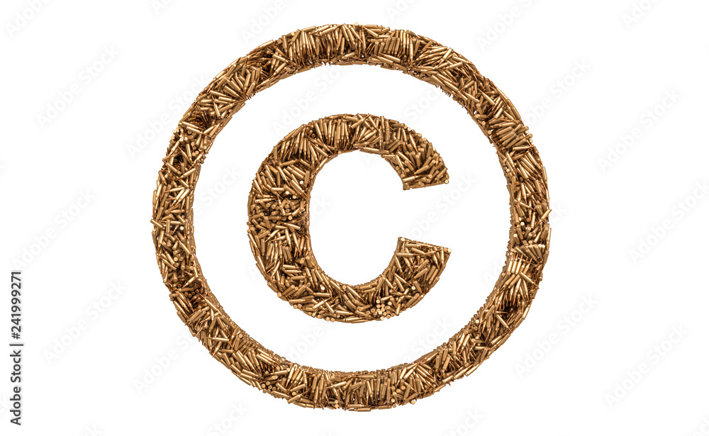 Poster copyright symbol from bullets, 3d rendering