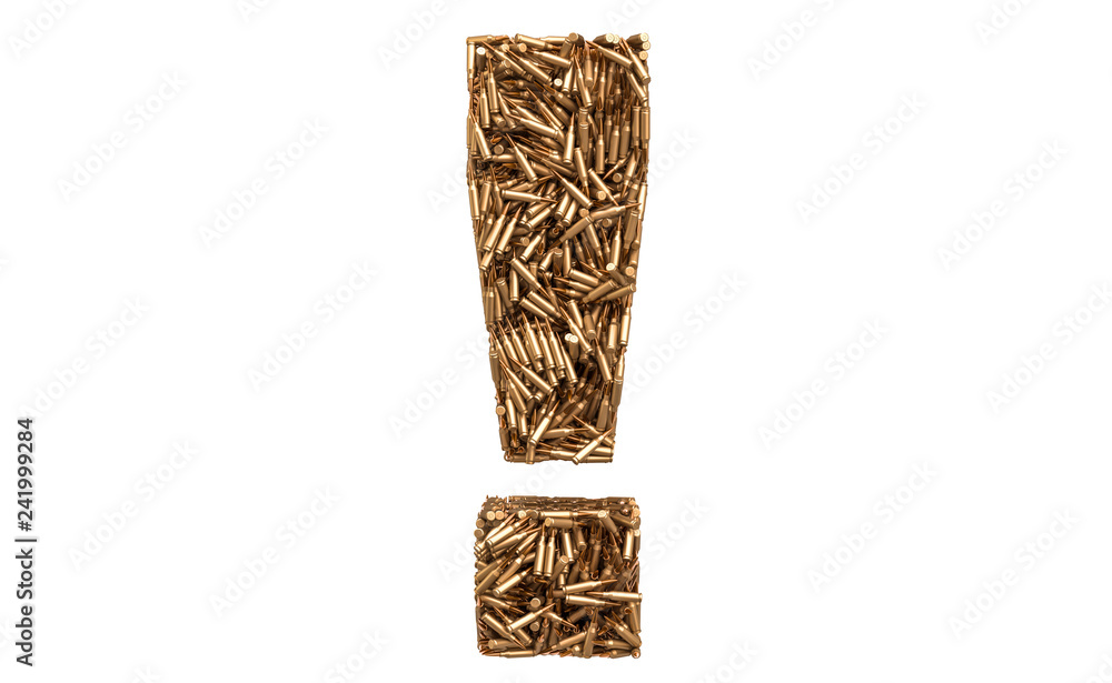 Poster exclamation mark from bullets, 3d rendering