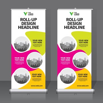 Roll up banner design template, vertical, abstract background, pull up design, modern x-banner, rectangle size. 