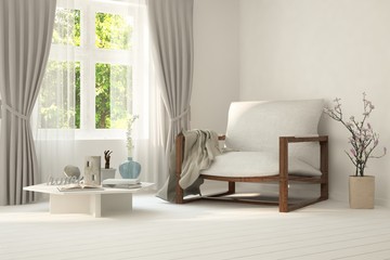 Idea of white room with armchair and summer landscape in window. Scandinavian interior design. 3D illustration
