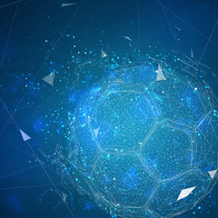 soccer ball in a modern abstract style. breaks up and flies crashing the background.