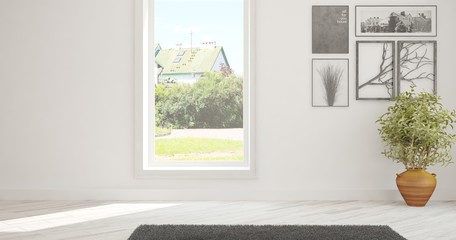 White empty room with summer landscape in window. Scandinavian interior design. 3D illustration