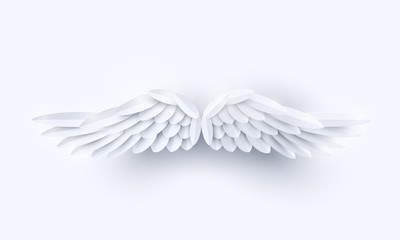 Vector 3d white realistic layered paper cut angel wings isolated on white background