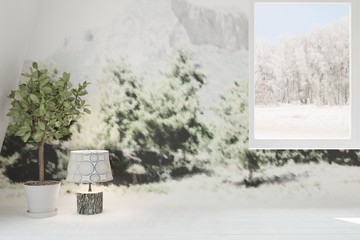 White empty room with decorated wall and winter landscape in window. Scandinavian interior design. 3D illustration