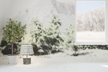 White empty room with decorated wall and  winter landscape in window. Scandinavian interior design. 3D illustration
