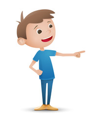 young boy stands isolated on white background and points to the side.