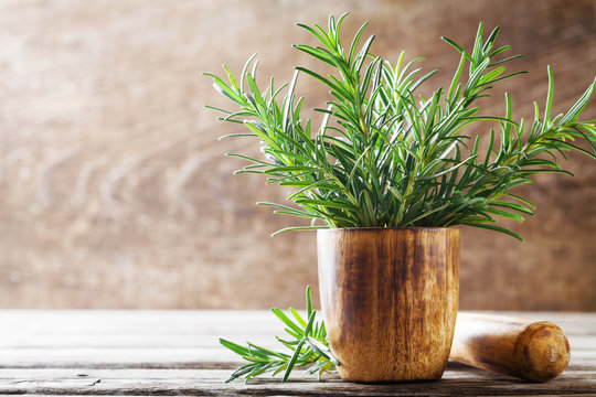 Fototapeta Fresh aromatic rosemary in mortar bowl for cooking.