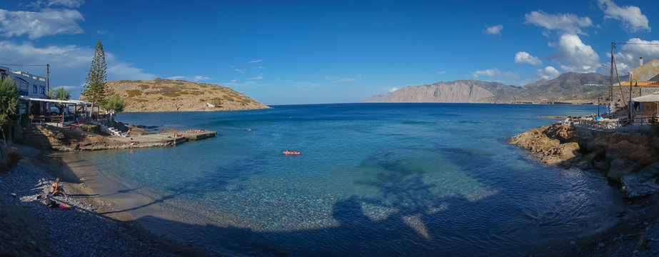 Agios Nikolaos, Crete - 09 29 2018: Panoramas of Mirabello Bay and the small port of Mohlos