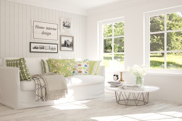Idea of white room with sofa and summer landscape in window. Scandinavian interior design. 3D illustration