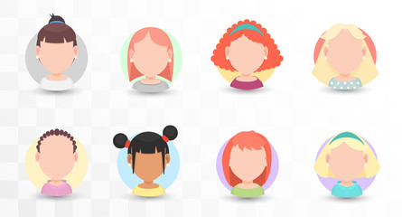 Set of vector portraits of women with different hairstyles in a flat style, for avatar in social networks