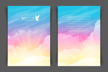 Two-sided vertical flyer of a4 format with realistic pink-blue sky and cumulus clouds. The image can be used to design a banner, flyer and postcard.
