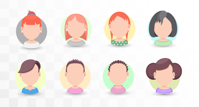 Set of vector portraits of women with different hairstyles in a flat style, for avatar in social networks
