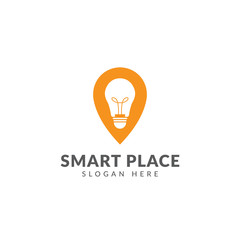 Smart place logo vector design template with pin map and light bulb