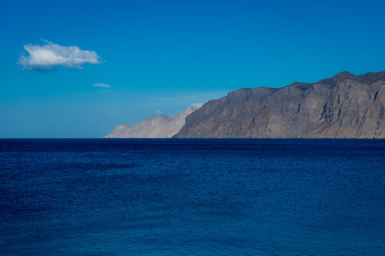 Agios Nikolaos, Crete - 09 29 2018: Panoramas of Mirabello Bay and the small port of Mohlos