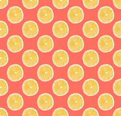 Background of fresh yellow lemon slices. Seamless pattern. Close up. Studio photography.