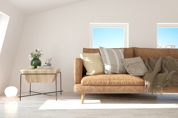 Idea of white minimalist room with sofa. Scandinavian interior design. 3D illustration