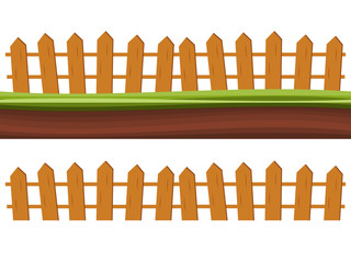 Cartoon rural wooden fence in green grass vector illustration. Wood farm fence outdoor.