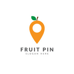 Orange pin logo template vector design with pin map and orange fruit